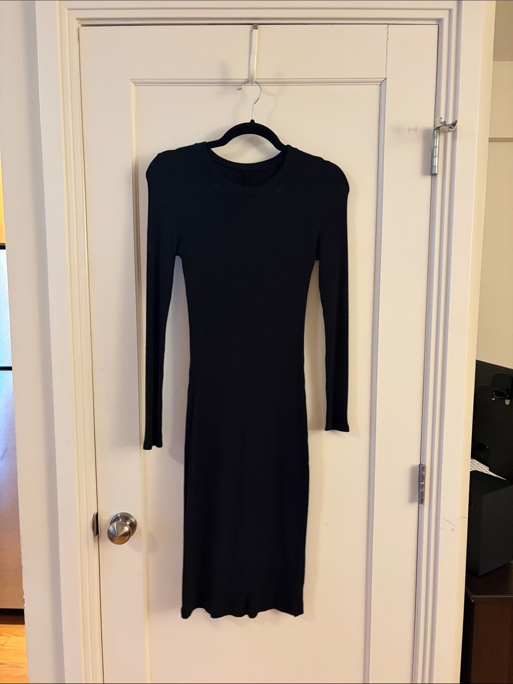 Reformation Black Ribbed Long-Sleeve Midi Dress